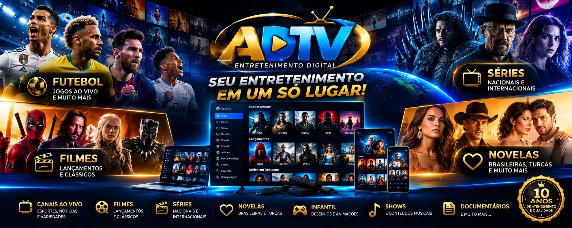 ADTV Entretenimento Digital: canais ao vivo, futebol, filmes, séries, novelas, conteúdos infantis, shows e documentários